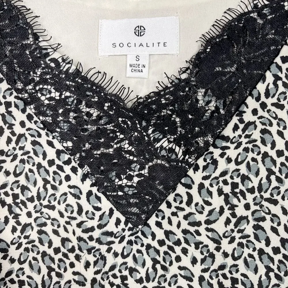 Socialite Small S Cream Black Leopard Animal Print Lace V Neck Camisole Tank Top